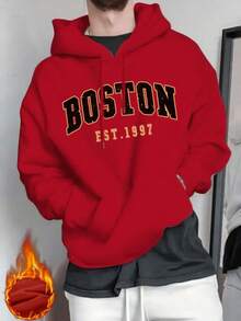 男士波士顿字母印花休闲连帽卫衣，返校季，秋冬季，长袖上衣 - 紅色 - 查看 3