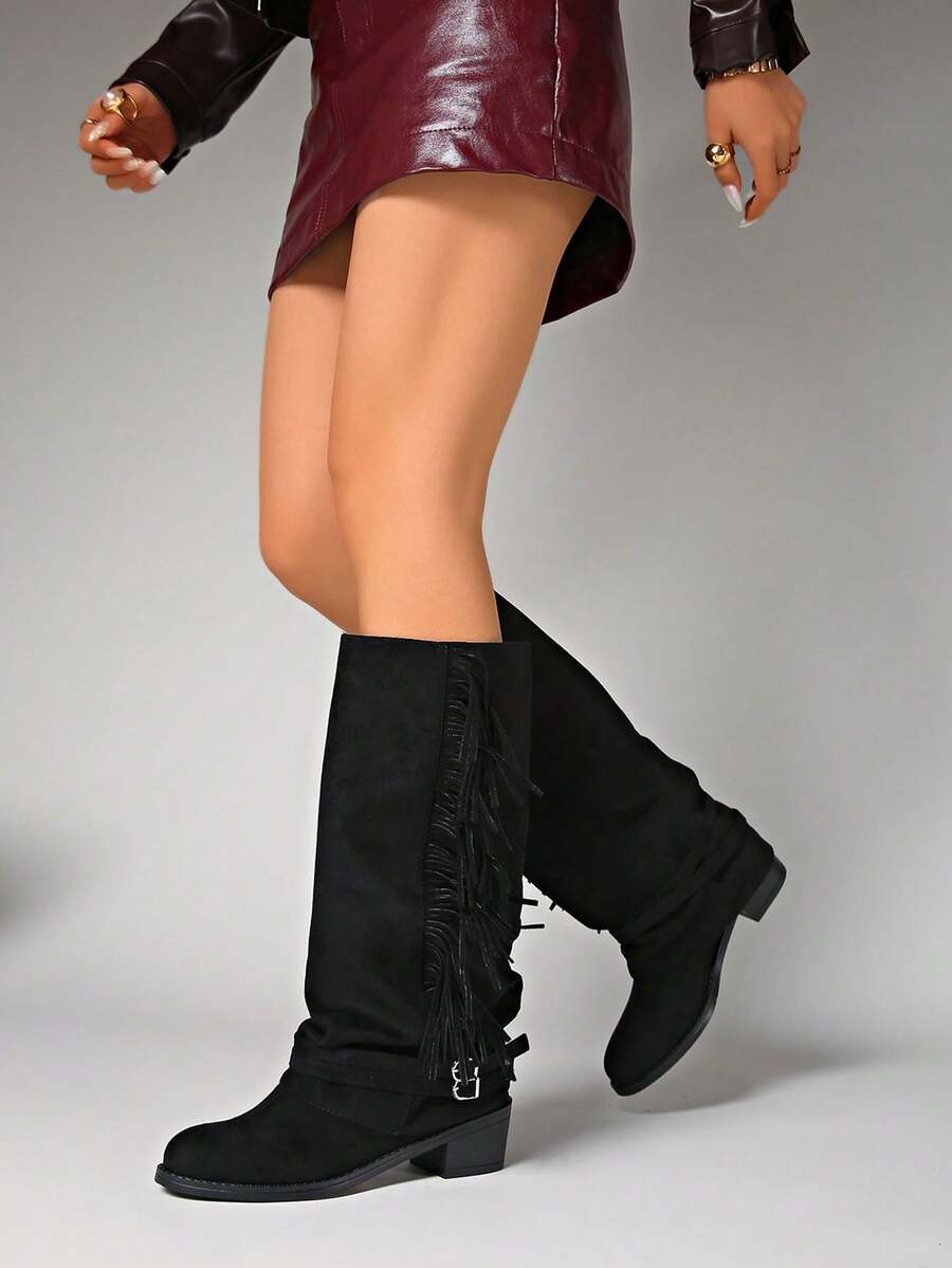 Women's Winter Over-The-Knee Boots, Pleated Boots, Women's Wide Calf Riding Boots, Fringe Decor Western Style Boots, Women's Autumn/Winter Boots, Black Boots, Brown Boots, Pull-On High Shaft Boots - Black - View 1