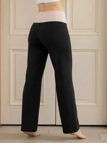 Women's Casual Wide Leg Pants Fold-Over High Waist Contrast Color Pants Loose Trousers Women Fold Over Yoga Pants Low Rise Wide Leg Sweatpants Color Block Flare Leggings Y2k Foldover Lounge Workout - 黑色 - 查看 6