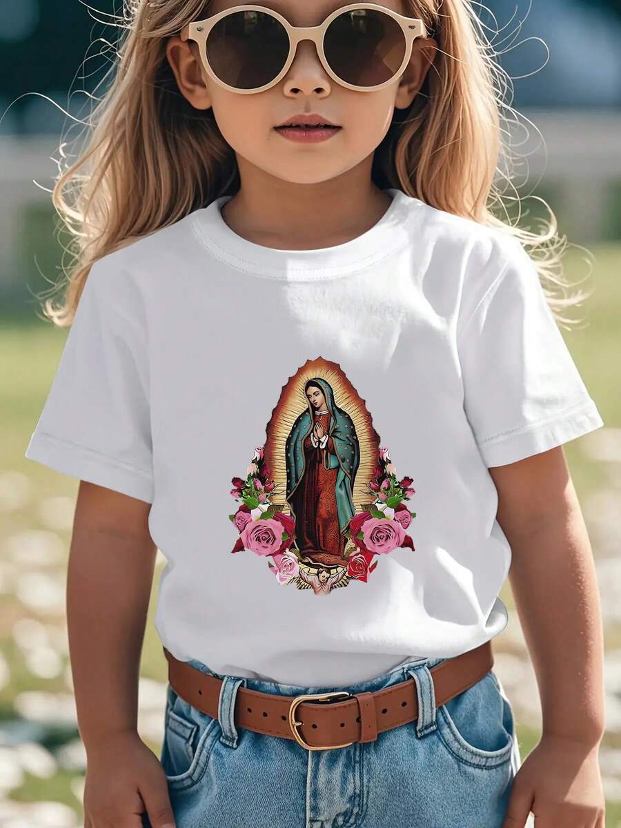 Camiseta para ni?as con patrón de rosas de oración de la virgen, camiseta impresa de manga corta de algodón puro para fieles de la virgen, adecuada para ni?as y adolescentes, ropa de oto?o para ni?os y ni?as, adecuada para ni?os de 4 a 14 a?os, adecuada para ni?as en desarrollo - Blanco - Ver 1