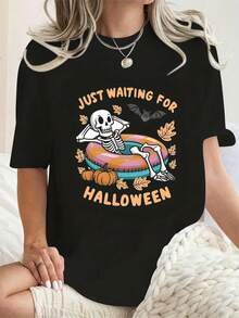 Just Waiting For Halloween 1 Pcs Women's Plus Size T-Shirt Funny Oversized Graphic Short Sleeve Tee Novelty 100% Polyester Versatile Shirt Casual Crew Neck Top 220g - 黑色 - 查看 1