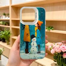 Cubierta de teléfono con diseño artístico azul con pareja y muñeco de nieve invierno para iPhone estética navideña Aplicable a los teléfonos de la serie Apple y Galaxy - Negro - Ver 5