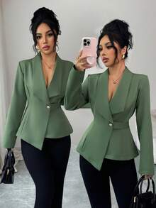 Solid Color Pocket Button Asymmetrical Office Women Coats - Army Green - View 5
