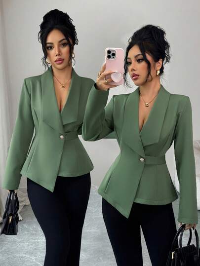 Abrigos de oficina para mujer de unicolor con bolsillo y botón asimétricos