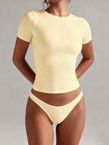 XLLAIS Camiseta básica de mujer de manga corta, cuello redondo, sólida, ajustada, casual de verano en color amarillo - Mostaza Amarilla - Ver 4