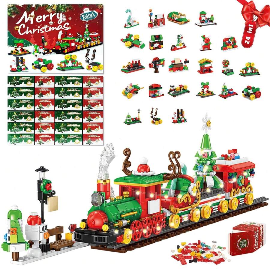 24 set di calendario per il conto alla rovescia di Natale, scatola cieca, blocchi da costruzione da strappare a mano, puzzle fai da te, bambola di Natale, trenino giocattolo a sorpresa, decorazione festiva per bambini per l'Avvento, materiale  e design dettagliato - Rosso - Visualizzare 1