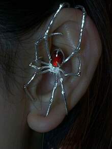 1pc Gothic Punk Style Spider Ear Stud, Red/Green Crystal Exaggerated Spider Earrings, Party Jewelry