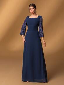 Faeriesty Mosy优雅新娘母亲礼服：方领设计，蕾丝喇叭袖，A字裙摆，适合正式婚礼、盛大晚宴、豪华宴会、慈善舞会和歌剧之夜等场合。新年装扮 - 藏蓝色 - 查看 8
