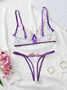 2pcs/Set Sexy French Embroidery Bra And Panty Set, Lingerie - Multicolor - View 2