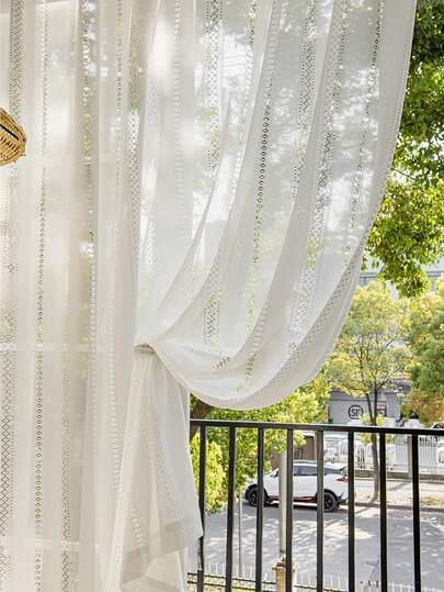 1pc Japanese Style White Sheer Lace Hollow Out Curtain, Minimalist Semi-Sheer Voile Curtain Panel For Window Decor