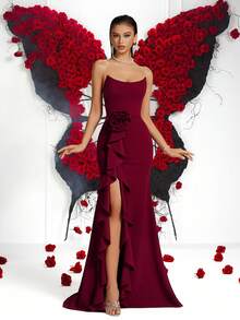 Women's Elegant Solid Color Tube Top High Waist Lotus Leaf Three-Dimensional Flower High Slit Backless Lace-Up Floor-Length Prom Party Dress For Prom Gown Wedding Guest Dancy Party Homecoming Date Night Formal Dinner Birthday Party Festival Party Family Party