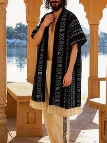 男士黑白印花流苏和服 - 波西米亚风设计，宽松版型，时尚百搭，适合节日造型、波西米亚探险和文化之旅。 - 黑色 - 查看 5