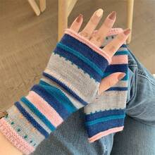 1 Pair Of Women's Half-Finger Gloves - Colorful Striped Design, Elastic And Warm Winter Gloves, Suitable Outdoor Activities, Finger Visible, Fashionable Cold Weather Accessories, Soft Texture - Màu xanh lam - Xem 12