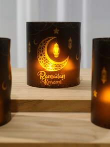 6pcs/12pcs Ramadan Black & Gold Lantern Shades, PVC Moon & Star Pattern, Eid Lantern Table Decor, Lantern Shades (Candles & Lights Not Included), Islamic Ramadan Party Table Decor, Ramadan Party Supplies, Ramadan Mubarak Decorations, Ramadan Home Decor, Eid Mubarak Decorations, Eid Al-Adha Gifts - Black Gold - View 2