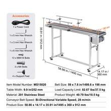 Transportador de banda , mesa transportadora de 59 x 7,8 pulgadas, transportador de banda motorizado de acero inoxidable de alta resistencia para aplicaciones de codificación por inyección de tinta, banda de PVC motorizada, velocidad ajustable antiestática (barandilla doble) - Plateado - Ver 7