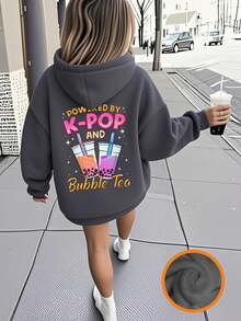 Tween Girl Pearl Milk Tea & K-POP Graphic Fleece Pullover Sweatshirt Sweatshirt, Warm & Cozy Pullover Hooded Sweatshirt For Fashionable K-POP Fans, Autumn/Winter - Dark Grey - View 3