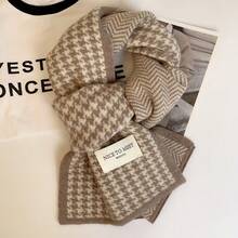 New Korean Version Classic Houndstooth Double-Sided Scarf For Women, Autumn And Winter Warm Fashion Knitted Neck Warmer, Versatile Couple - 千鳥個-咖色 - 查看 4