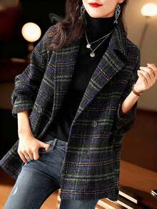 女士宽松格子翻领纽扣休闲长袖外套，带口袋，适合秋、冬、春季穿着。