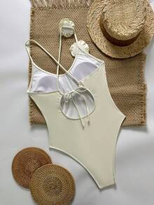 新款时尚性感纯色3D立体花卉吊带连体泳衣（女款）度假沙滩白色夏季 - 白色 - 查看 3