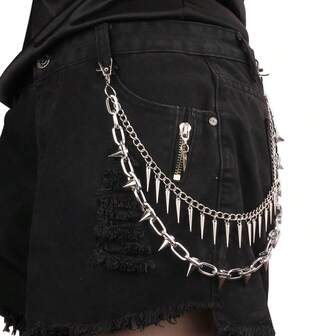 1-Piece 2-Layer Spiked Metal Pants Chain, Silver Alloy Material, Rivet Spiked Pendants, Dark Punk Style Waist Chain - Compatible With Denim Shorts Accessories, Street Statement Looks, Parties, Halloween Outfits