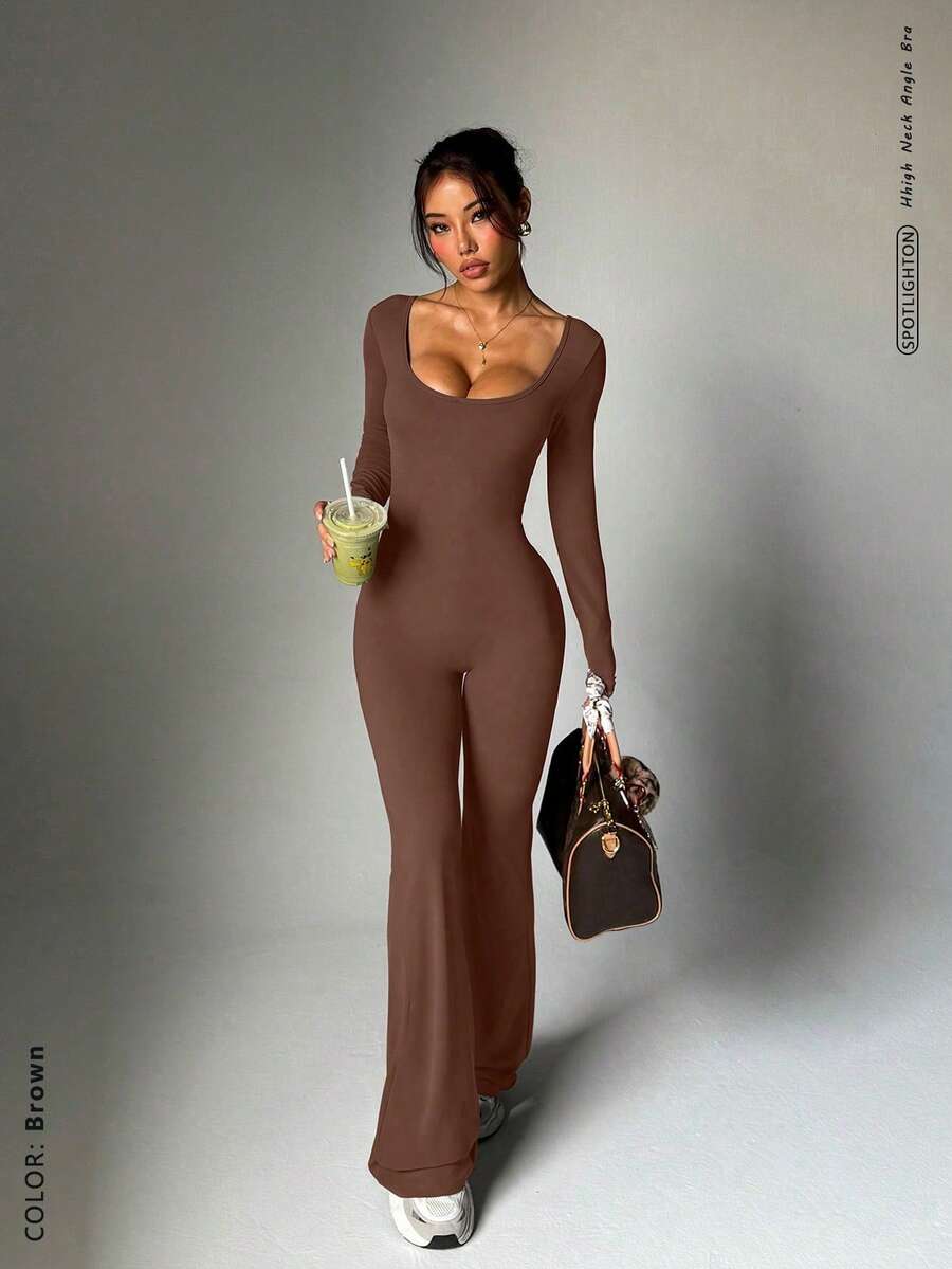 FWH Jumpsuit seksi dan elastis ini memiliki desain bagian bokong berkerut, efek mengangkat dan melangsingkan, bra bawaan yang dapat dilepas, lengan panjang, desain punggung yang elegan, kaki melebar kelas atas, kontrol perut pinggang tinggi, mencerahkan dan membuat tampak bercahaya. - Coklat - View 1