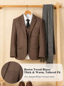 Furuyal Autumn/Winter Men's Herringbone Tweed 3 PiecesSuit Set, Gentleman's Solid Color Double-Breasted Slim Fit Formal Business Single-Breasted Suit Jacket, Vest & Pants Set, Suitable For Galas, Parties, Vintage Gentleman Style, Brown, Size XS-3XL