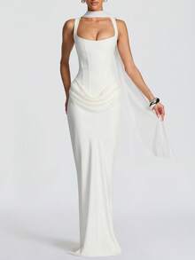 Đầm ôm sát gợi cảm dây mảnh Cornelia dành cho nữ, đầm dài xếp ly mùa hè, đầm cocktail sinh nhật thanh lịch thắt nơ phía sau bằng ren trắng. - trắng - Xem 4