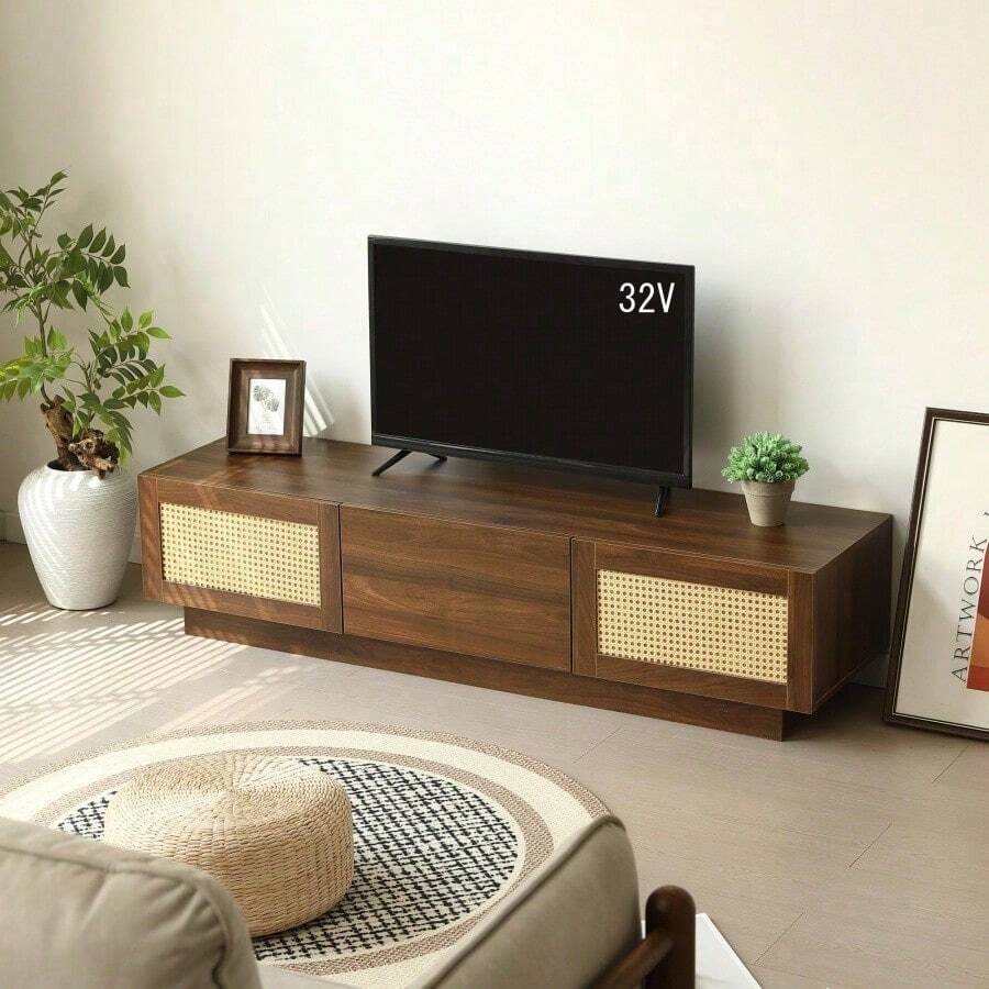 幅150cm テレビ台 ローボード 収納 テレビボード テレビラック リビングボード ラタン風 おしゃれ 北欧 引出し収納 TV台 TVボード ロータイプ 棚 シンプル スリム 大容量 - ブラウン + パーティクルボード1 - チェックする 1
