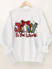 Sudadera Navideña Para Mujer Con Letras "JOY To The World", Escena De La Natividad Y Estampado De Apoyo Para Caminar De Caramelo - Suéter Rosa Suave De Cuello Redondo, Diseño De Poinsettia Y Acebo, Abrigo Casual Para Fiestas De Temporada (Lavable A Máquina) - Blanco - Ver 1