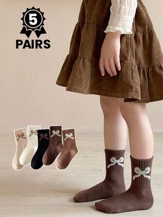 4 MORE WEI 5双装儿童弹力纯色蝴蝶结装饰中筒袜，适合秋冬季穿着