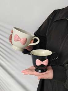 1pc Black & Pink Bow Ceramic Cup, Cute & Sweet Ceramic Cup With 3D Bow And Stem Design, Suitable For Coffee, Beverages, Sweet & Chic Home Decor And Gifts For Friends