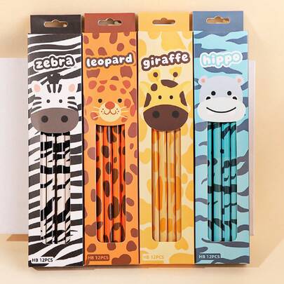 12支装卡通动物盒装铅笔，可爱斑马和长颈鹿图案，书写清晰，内置橡皮擦，适合学生绘画、素描、考试使用，高品质儿童奖励礼品
