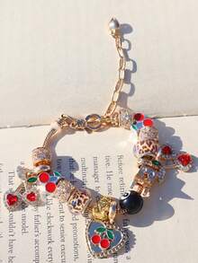 1 件豹纹樱桃串珠手链、1 件黑樱桃 8 毫米串珠手链、时尚豹纹 DIY 手链、1 件红樱桃音乐节手链 - 金色 - 查看 12