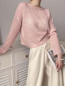 Plus Size Women Elegant Pink Solid Ribbed Sweater, Suitable For Holiday, Daily, Vacation, Party, Home Wear, Spring/Summer - Pink - View 1