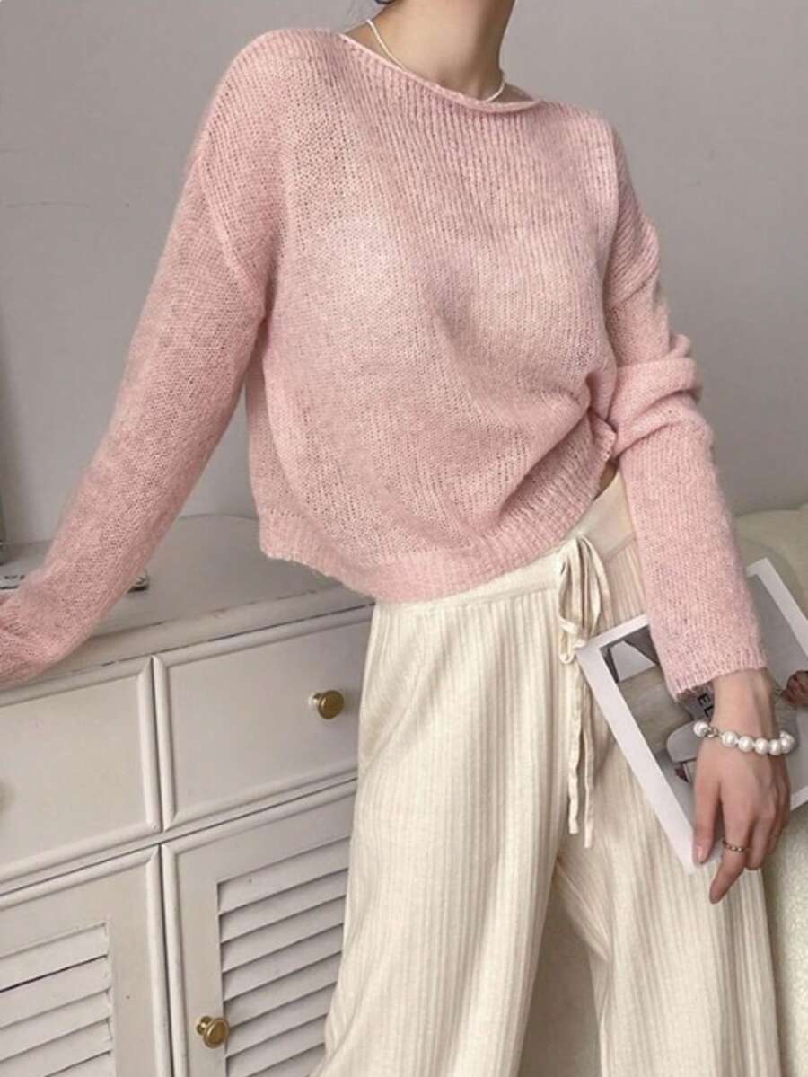 Plus Size Women Elegant Pink Solid Ribbed Sweater, Suitable For Holiday, Daily, Vacation, Party, Home Wear, Spring/Summer - Pink - View 1