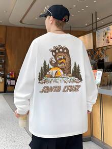 Men's Unisex Long Sleeve T-Shirt, Comfortable And Relaxed Fit, Oversized Silhouette, Graphic Print, Fashionable Design, Can Be Worn At Home Or Outside, Suitable For All Ages. - White - View 1