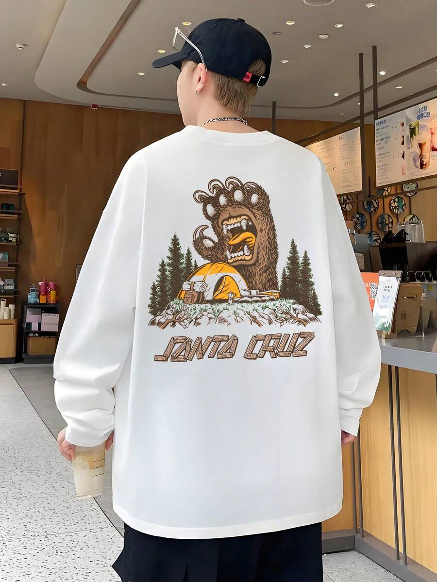 Men's Unisex Long Sleeve T-Shirt, Comfortable And Relaxed Fit, Oversized Silhouette, Graphic Print, Fashionable Design, Can Be Worn At Home Or Outside, Suitable For All Ages. - White - View 1