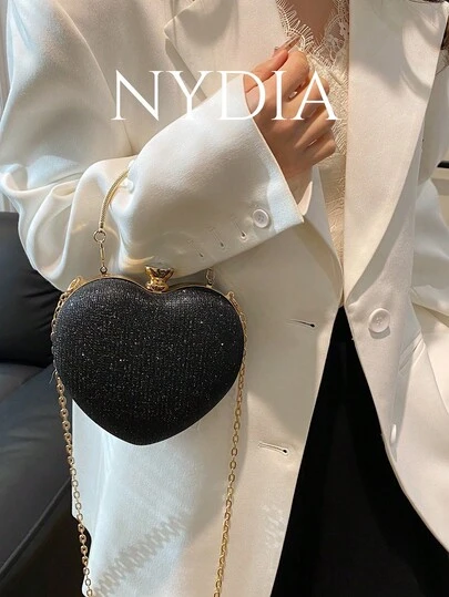 1 pieza Nuevo y único anillo con bolso de mano con forma de corazón brillante y correa de cadena, bolso de hombro/cruzado de moda para citas, salidas casuales, Día de San Valentín, bolso de lujo personalizado, bolso de cadena con forma de corazón popular para mujeres