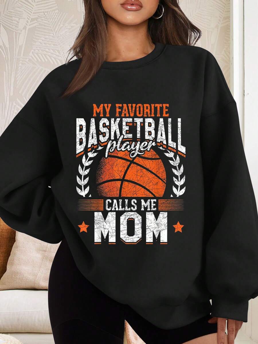 Women's Black Sweatshirt, My Favorite Basketball Player Calls Me Mom Graphic Print, Casual Daily Wear - 黑色 - 查看 1