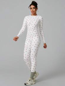 NcmRyu 1 Set Women Elastic Round Neck Printed Long Sleeve Tight Pants Sportswear Set - White - View 10