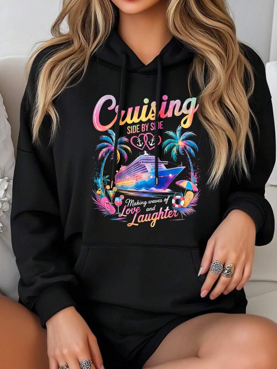 Cruising Side By Side Love And Laughter Women's Casual Printed Hoodie Christmas Clothes Women's Sweatshirt Unisex Pullover Sweatshirt Autumn/Winter - 黑色 - 查看 1