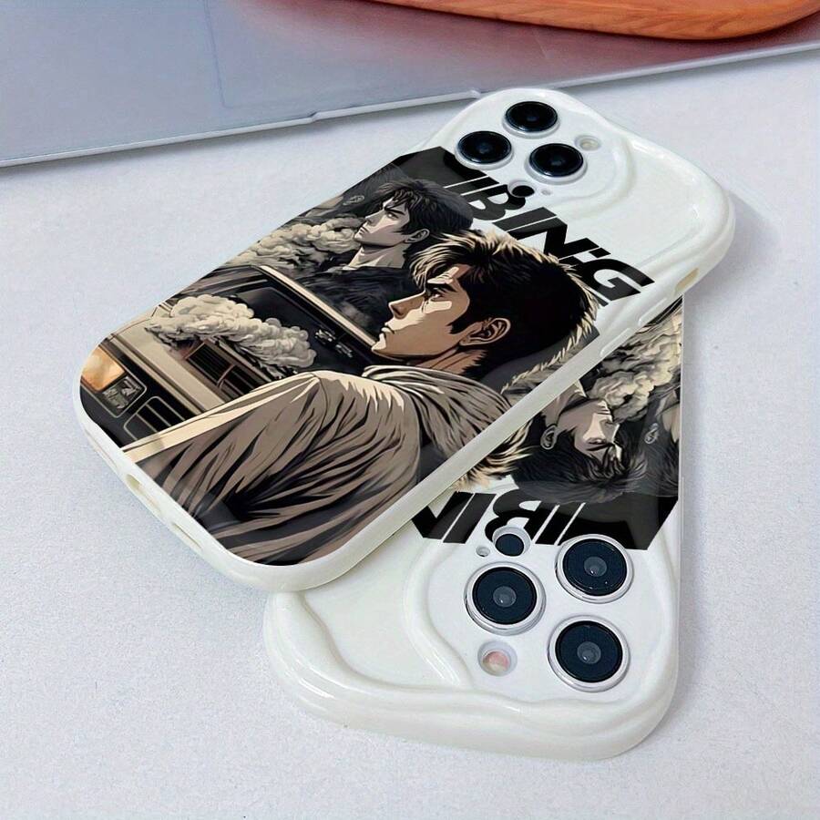 Ins Style Popular Racing Anime Retro Character Pattern Phone Case For Apple 16 16e 15 14 13 12 Mini 11 Pro Max X XR XSMAX 8 7 E Plus 3D Wave Cream Texture Soft Case Back Cover Simple Fashion - White - View 1