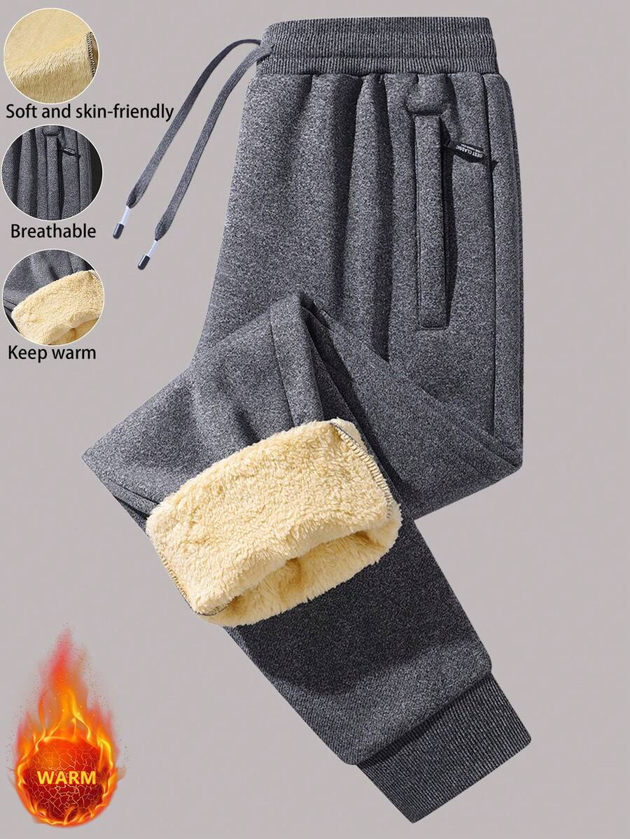 1pc Men's Thickened Fleece Outdoor Hiking Sports Casual Drawstring Pants, Autumn/Winter - Grey - View 1
