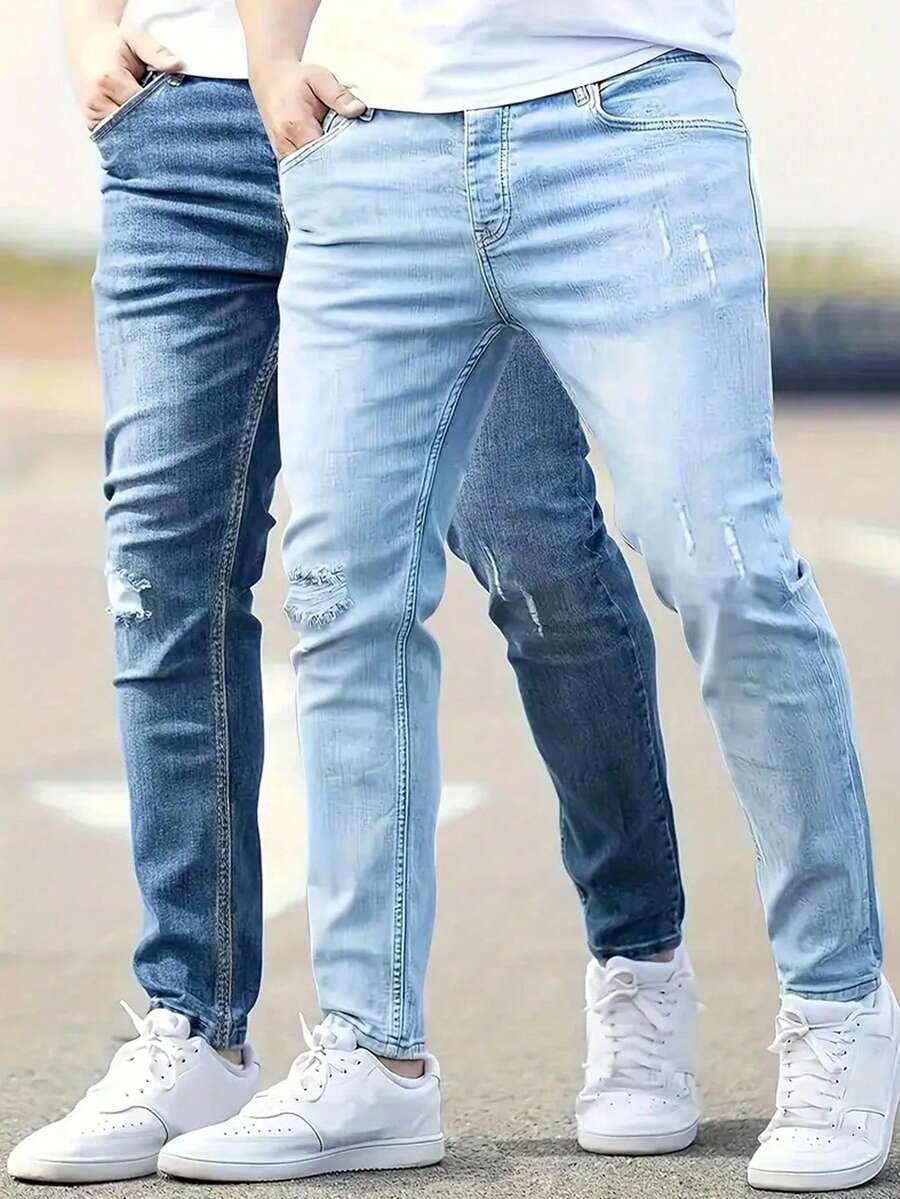2pcs/Set Men's Casual Elastic Skinny Jeans, For All Seasons - Multicolor - View 1