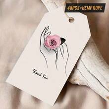 12/24/48pcs Thank You Gift Tags With Jute Twine - Elegant Minimalist Line Art Design, Hands Holding Pink Rose, Multiple Colors Available, Suitable For Birthday, Wedding, School Events, Gifting To Friends, Coworkers, Couples, Family | Floral Gift Tags | Durable Paper Tags, Cute Gift Tags - Multicolor - View 6