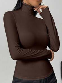 Áo thun nữ cổ cao tay dài, màu trơn, dáng ôm, thích hợp cho mùa xuân/thu/đông. - Cà phê nâu - Xem 5