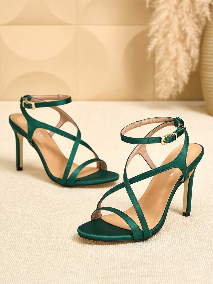 SVRM 女士高跟圆头缎面交叉绑带金属扣露趾时尚凉鞋，优雅性感，适合职场穿着 - 墨綠色 - 查看 4