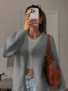 Women Long Sleeve V Neck Cardigan Regular Length With Pockets Medium Stretch Fabric - Grey - View 2