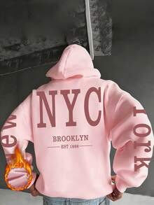 Men's Autumn/Winter Casual Hoodie With New York City Element Print, Thermal Lining, Long Sleeve Top - Pink - View 3