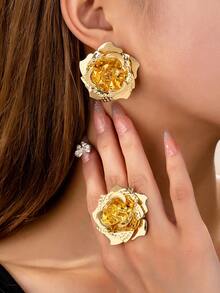 3pcs Exquisite Rose Flower Earrings & Ring Set, Elegant & Fashionable, Suitable For Women's Daily And Party Wear
